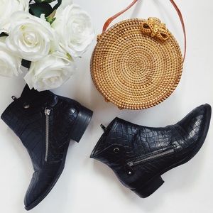 Black Flat Leather Ankle Boots